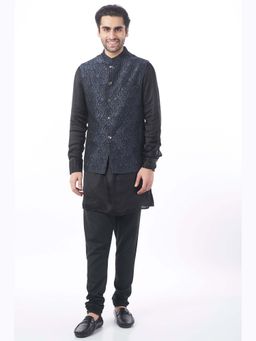 Spring Break - Men Black Polycotton Thread Work Nehru Jacket with Kurta and Churidar