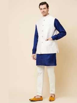 Spring Break - Men White Dupion Silk Embroidered Nehru Jacket with Kurta and Churidar