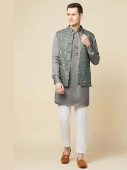 Spring Break - Men Grey Cotton Mirror Work Nehru Jacket with Kurta and Churidar