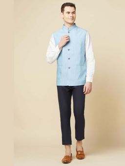 Spring Break - Men Blue Cotton Printed Nehru Jacket with Kurta and Pant