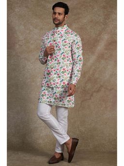 Spring Break - Men White Pure Cotton Printed Nehru Jacket with Kurta and Pant