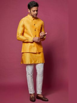 Spring Break - Men Mustard Cotton Silk Plain Nehru Jacket with Kurta and Pant