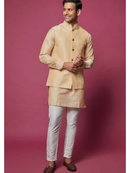 Spring Break - Men Beige Cotton Silk Plain Nehru Jacket with Kurta and Pant