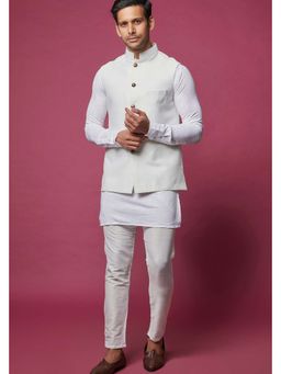 Spring Break - Men White Cotton Silk Plain Nehru Jacket with Kurta and Pant