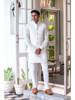 Spring Break - Men White Art Silk Embroidered Nehru Jacket with Kurta and Pant