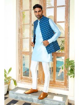 Spring Break - Men Navy Blue Cotton Silk Printed Nehru Jacket with Kurta and Pant