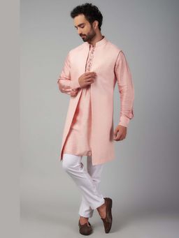 Spring Break - Men Pink Dupion Silk Plain Jacket with Kurta and Pant