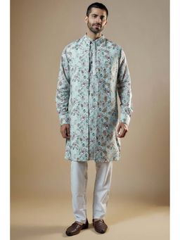 Spring Break - Men Blue Rayon Printed Jacket with Kurta and Pant