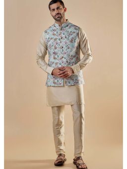 Spring Break - Men Blue Cotton Silk Printed Nehru Jacket with Kurta and Pant