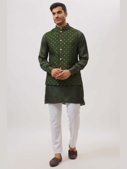 Spring Break - Men Green Dupion Silk Embroidered Nehru Jacket with Kurta and Pant