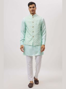 Spring Break - Men Green Dupion Silk Embroidered Nehru Jacket with Kurta and Pant