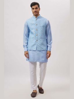 Spring Break - Men Blue Dupion Silk Embroidered Nehru Jacket with Kurta and Pant