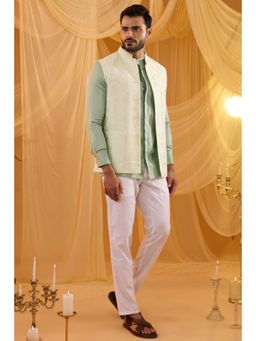 Spring Break - Men Green Cotton Satin Embroidered Nehru Jacket with Kurta and Pant