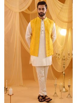 Spring Break - Men Mustard Cotton Satin Embroidered Nehru Jacket with Kurta and Pant