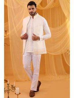 Spring Break - Men White Cotton Silk Embroidered Nehru Jacket with Kurta and Pant