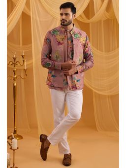 Spring Break - Men Pink Silk Blend Printed Nehru Jacket with Kurta and Pant