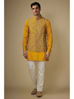 Spring Break - Men Mustard Silk Blend Printed Nehru Jacket with Kurta and Pant