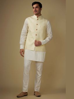 Spring Break - Men Ivory Cotton Silk Embroidered Nehru Jacket with Kurta and Pant