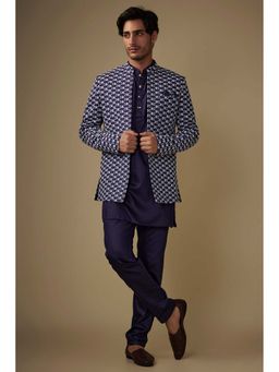 Spring Break - Men Navy Blue Cotton Silk Thread Work Nehru Jacket with Kurta and Pant