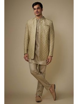 Spring Break - Men Gold Blended Embroidered Nehru Jacket with Kurta and Pant