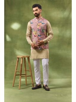 Spring Break - Men Pink Silk Printed Nehru Jacket with Kurta and Pant