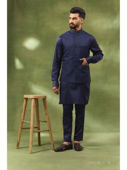 Spring Break - Men Navy Blue Cotton Silk Embroidered Nehru Jacket with Kurta and Pant