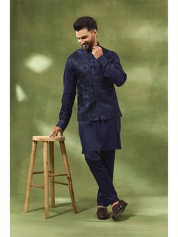 Spring Break - Men Navy Blue Cotton Silk Embroidered Nehru Jacket with Kurta and Pant