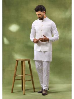 Spring Break - Men White Cotton Silk Embroidered Nehru Jacket with Kurta and Pant