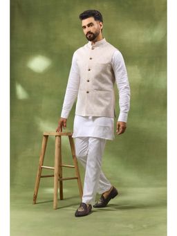 Spring Break - Men Ivory Cotton Silk Embroidered Nehru Jacket with Kurta and Pant