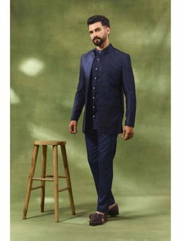 Spring Break - Men Navy Blue Silk Embroidered Nehru Jacket with Kurta and Pant