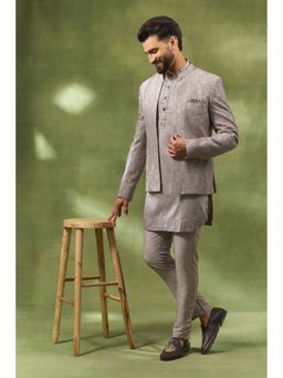 Spring Break - Men Grey Silk Blend Embroidered Nehru Jacket with Kurta and Pant