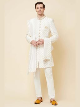 Spring Break - White & Gold Embroidered Polyester Cotton Sherwani Set With Dupatta