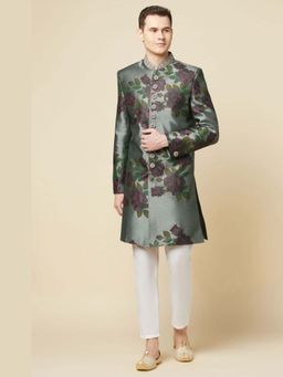 Spring Break - Grey Floral Printed Mandarin Neck Sherwani Set