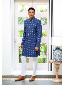 Spring Break - Navy Blue Embroidered Mandarin Neck Sherwani Set