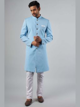 Spring Break - Blue Textured Mandarin Neck Sherwani Set