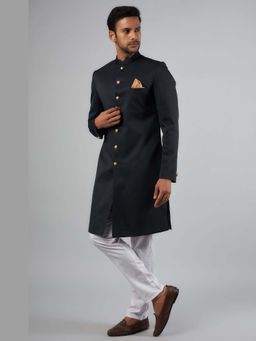 Spring Break - Dark Navy Blue Jacquard Solid Sherwani Set