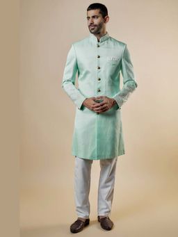 Spring Break - Mint Green Linen Satin Embroidered Sherwani Set