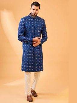 Spring Break - Navy Blue Embroidered Mandarin Neck Sherwani Set