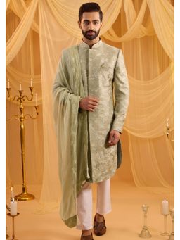 Spring Break - Floral Embroidered Sherwani Set With Dupatta