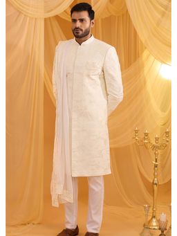 Spring Break - White Floral Embroidered Sherwani Set With Dupatta