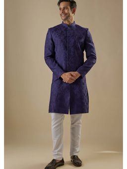 Spring Break - Navy Blue Embroidered Mandarin Neck Sherwani Set