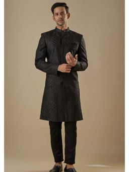 Spring Break - Black Geometric Embroidered Mandarin Neck Sherwani Set