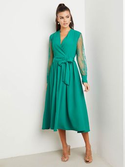 Styli - Green Lace Sleeve A-line Midi Dress With Tie Belt (Set of 2)