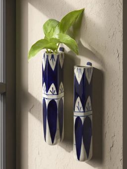 VarEesha - Green Door Ethnic Navy Blue Ceramic Wall Planters (Pack of 2)