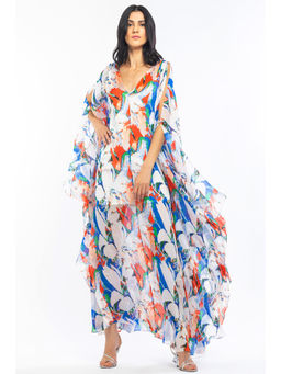 MANDIRA WIRK - Chiffon Printed Kaftan With Slip Ivory & Blue (Set of 2)