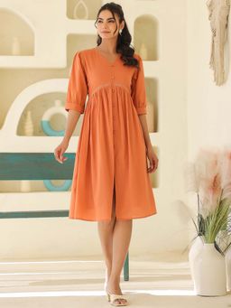Janasya - Women Coral Solid Knee Length Dress