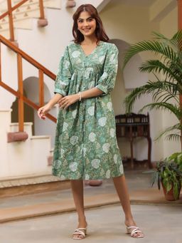 Janasya - Women Green Floral Midi Dress