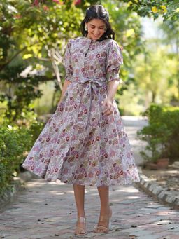 Janasya - Women Lavender Floral Midi Dress with Belt
