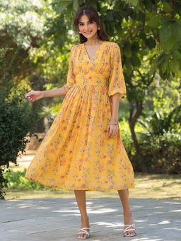 Janasya - Women Mustard Floral Midi Dress