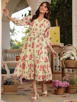 Janasya - Women Yellow Floral Midi Dress